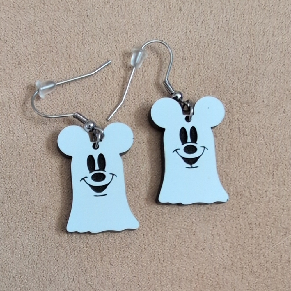Handmade Wood Mickey Ghost Earrings